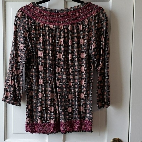LUCKY BRAND BLACK PINK SMOCKED TOP SIZE MEDIUM BOHEMIAN COTTON - Picture 6 of 10